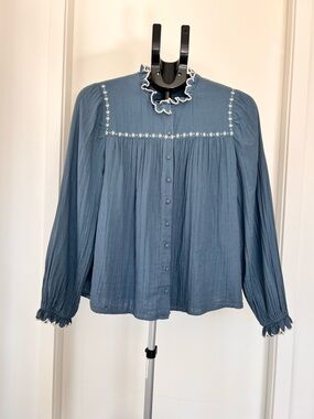 SEZANE Light Blue Ruffled Yoke Button-Down Blouse